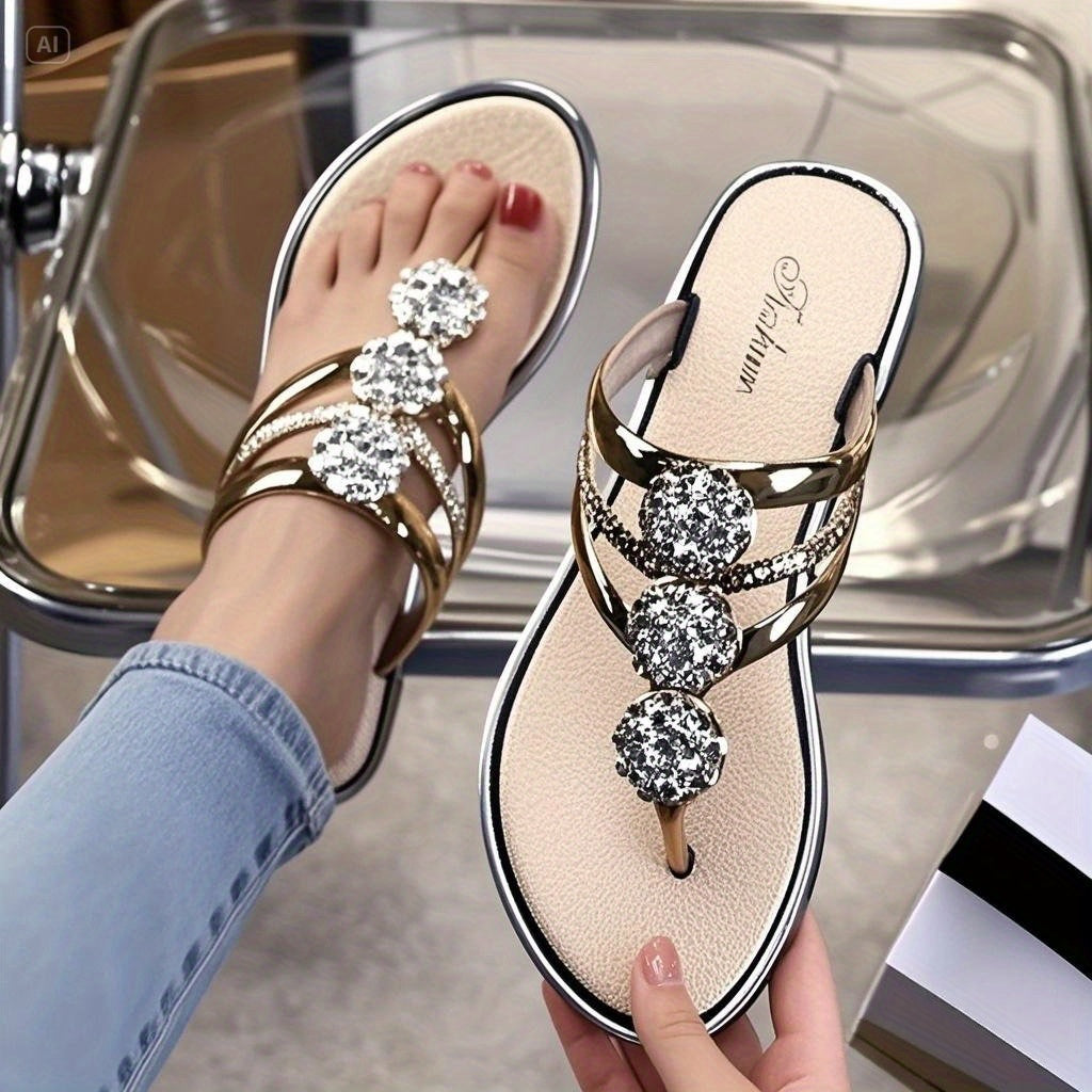 Women's Open Toe Rhinestone Flat Sandals for Beach and Casual Wear