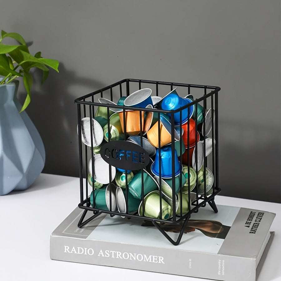 Black Metal Coffee Capsule Holder Square Storage Basket for Kitchen Counter