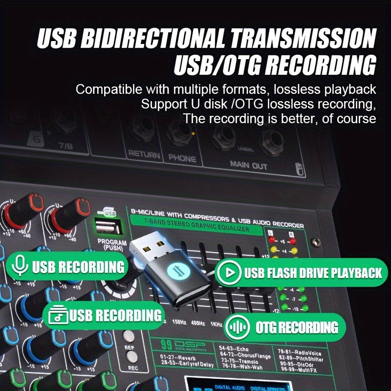 'NXG XF8/12/16 Professional Mixer Soundboard 8/12/16 kanalli, USB MP3 kompyuter kirishi, 48V fantom quvvati, 99 ta reverb effektlari va yozish funksiyasi bilan.'