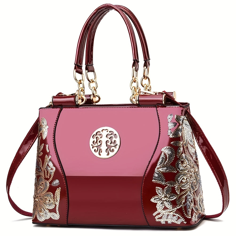 Sequined Flower Pattern Tote Bag for Women Zipper Adjustable Strap Festival Handbag