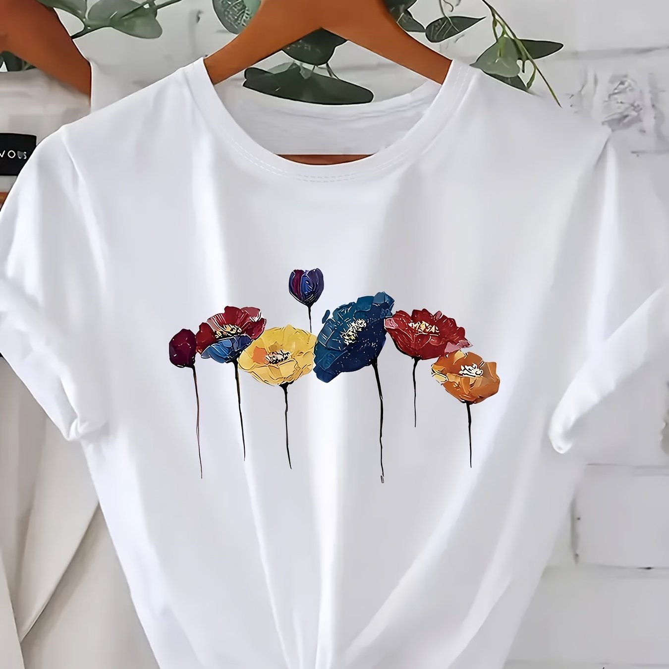 Plus Size Women's Floral Print Short Sleeve T-Shirt Breathable Cotton Casual Top