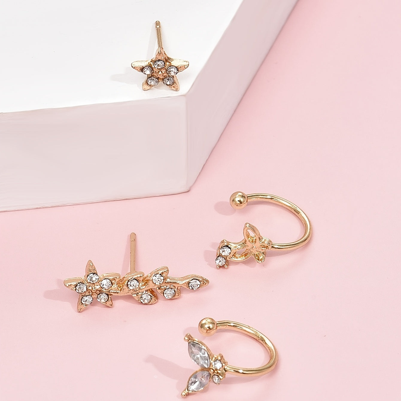 Women's Hollow Creative Butterfly Star Leaf Crystal Earrings Clips Jewelry