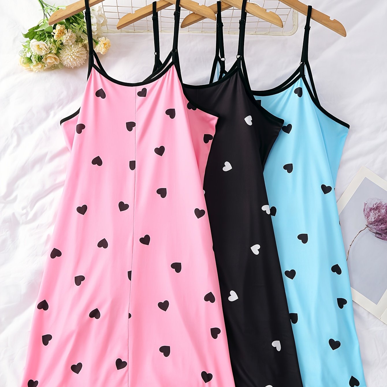 Plus Size Women's Heart Print Nightdress Set Three Piece Sleepwear