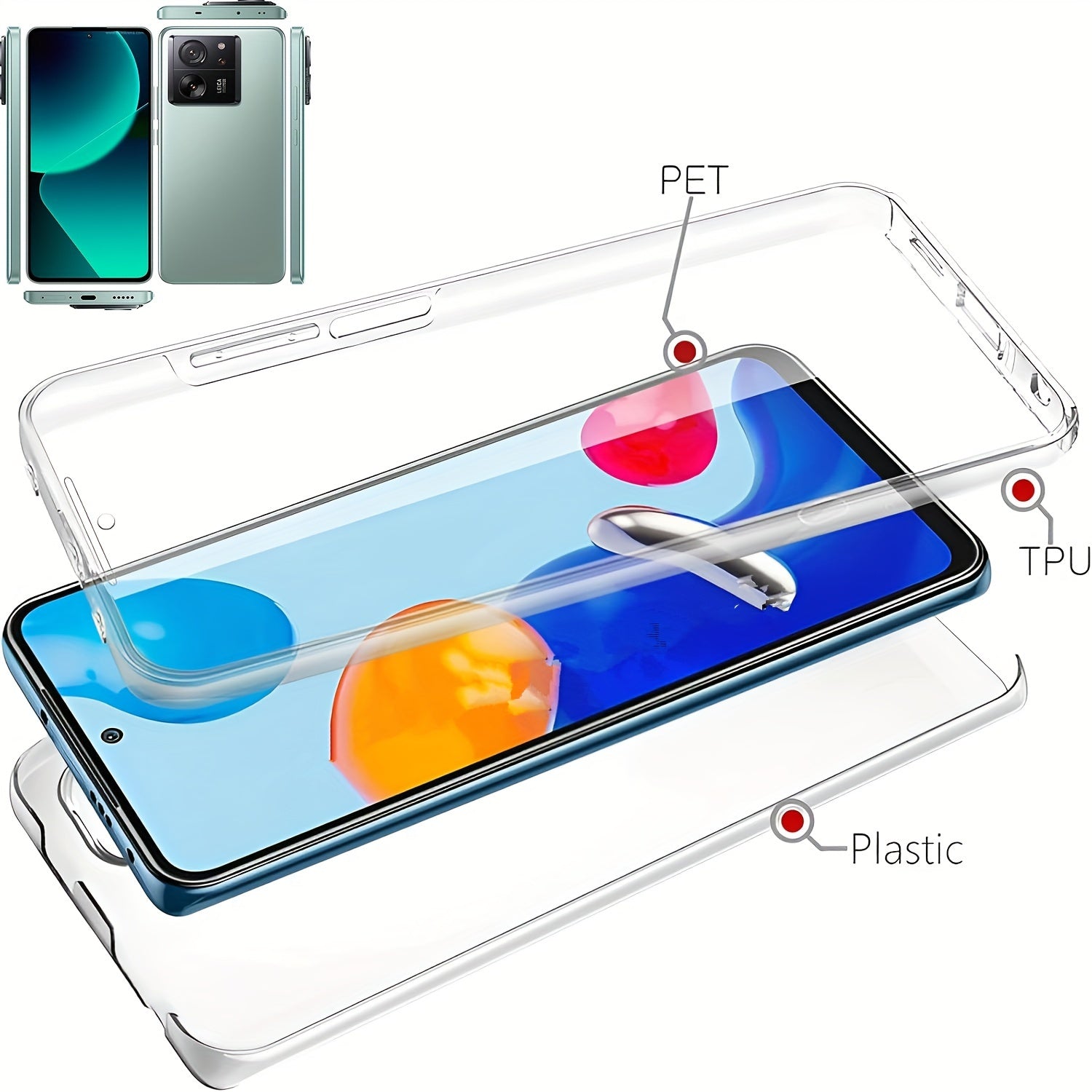 360 Full Body Phone Case for Xiaomi Models with Double Transparent Cover and Screen Protector