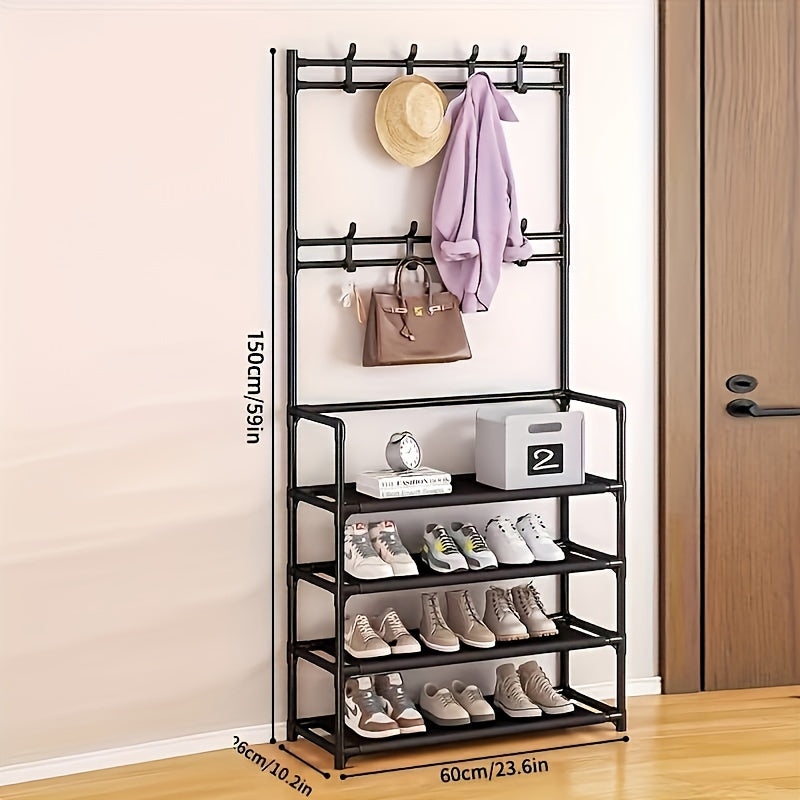 Black and White Shoe and Hat Rack with Dustproof Cover 8 Hooks for Entryway Living Room Bedroom