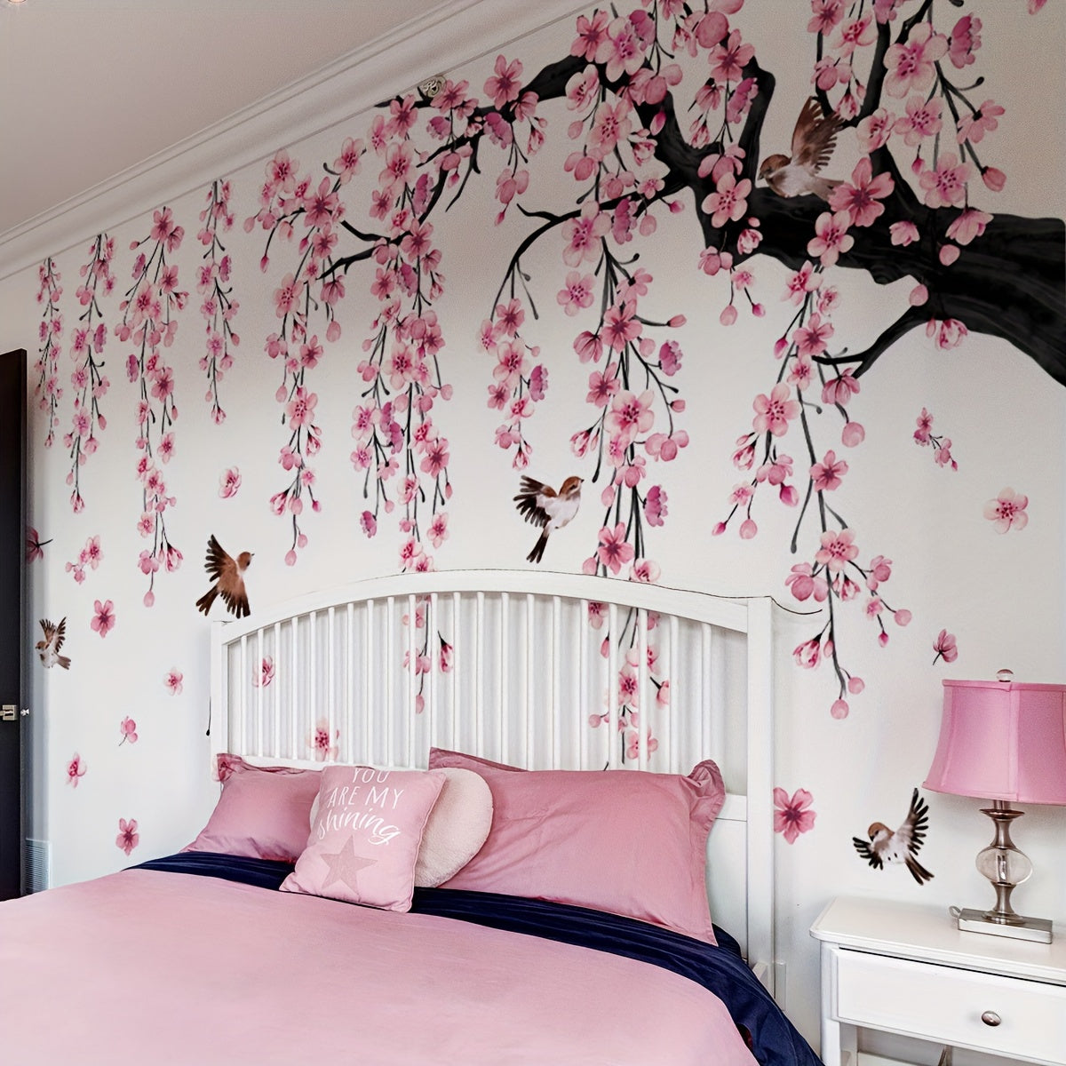 Set of 4 Pink Peach Blossom Tree Wall Decals for Living Room Bedroom Bathroom Decor