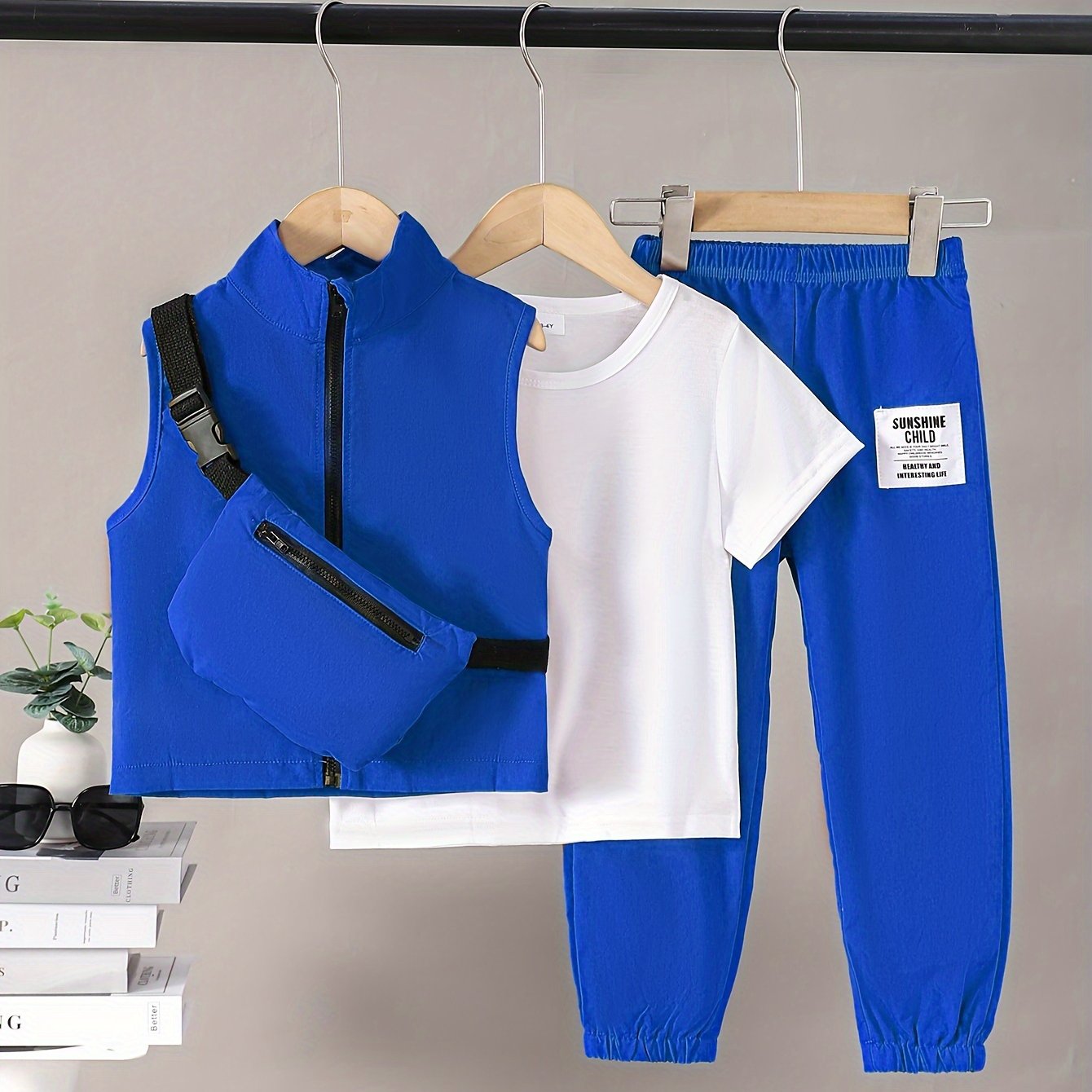 Boys Spring Outfit 4-Piece Set Short Sleeve T-Shirt Sleeveless Vest Cargo Pants Crossbody Bag Kids Casual