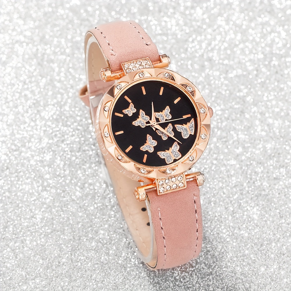 Women's Pink Butterfly Quartz Watch Set with PU Leather Straps and Jewelry Accessories