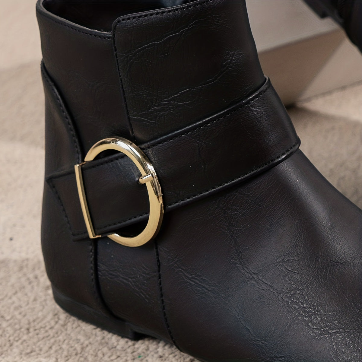 Women Leather Side Zipper Ankle Boots with Big Buckle