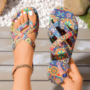 Women's Bohemian Floral Flat Sandals Open Toe Rubber Sole Summer Casual