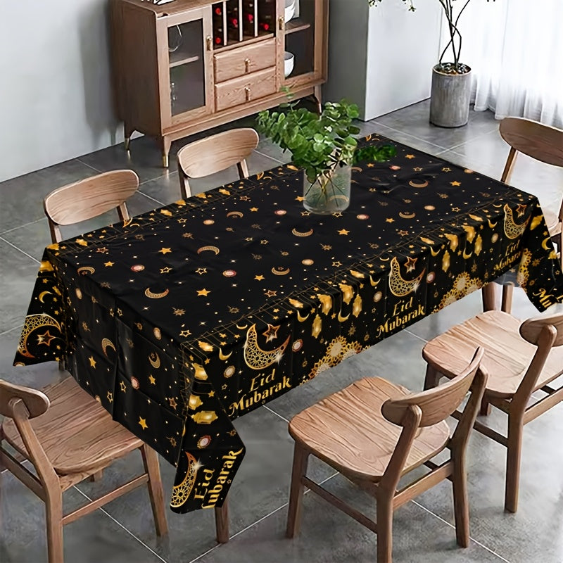Eid Mubarak Tablecloth Black Gold Moon Star Lantern Design 130x220cm Plastic