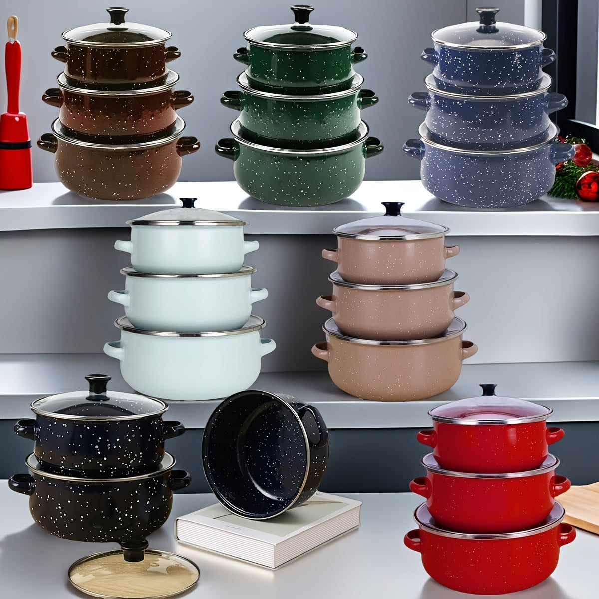 Enamel Cookware Set with Stew and Soup Pots, Lightweight and Induction Compatible