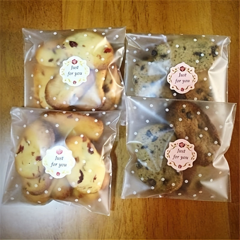 100 Pieces Frosted Self-Adhesive Clear Treat Bags with White Dots for Cakes Candies