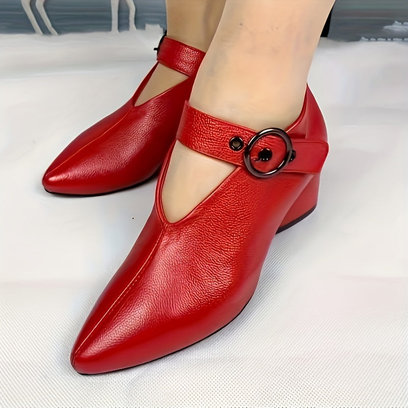 Women's Summer Ankle Strap Heels with Pointed Toe Buckle Closure Water-Resistant Solid Color Low Block Heel