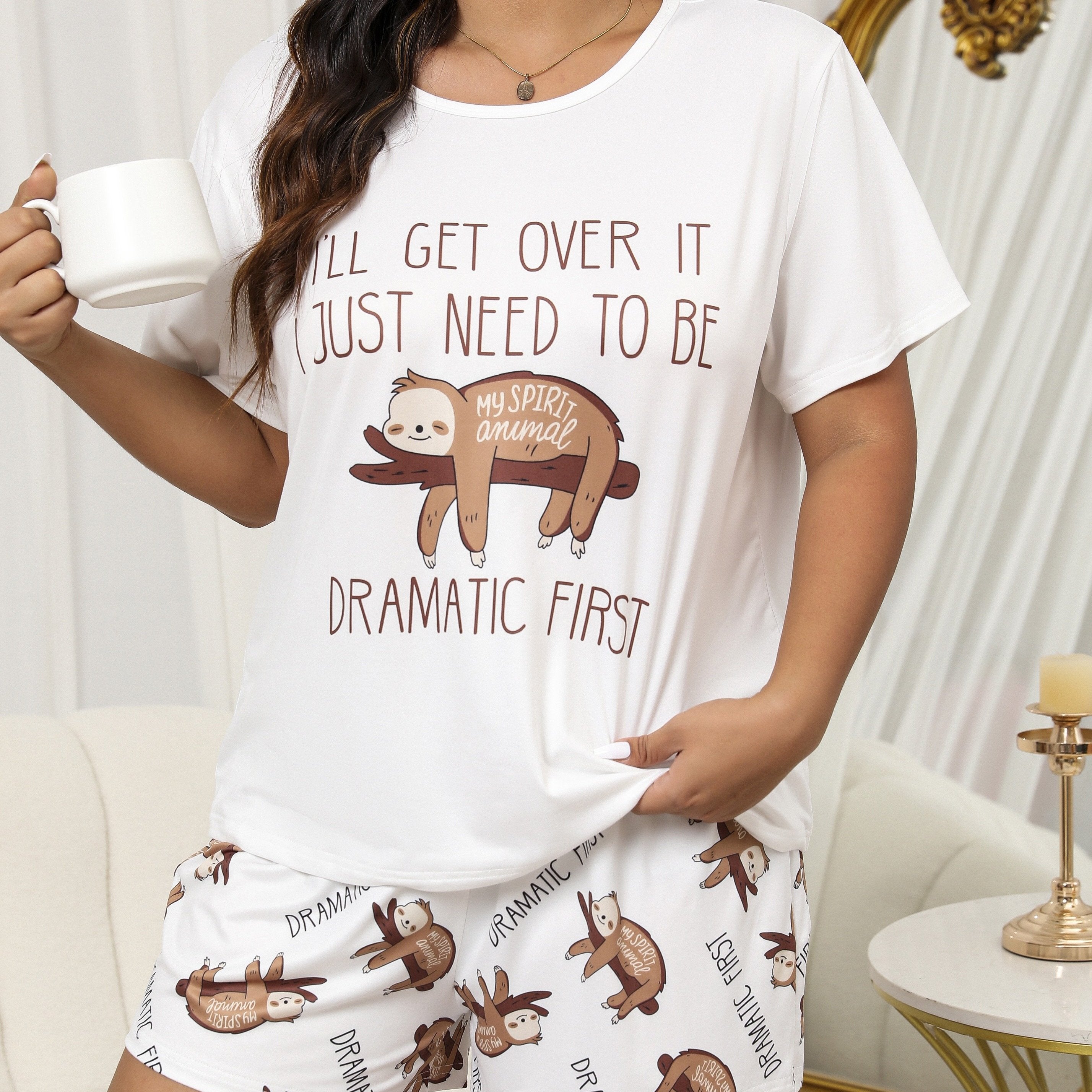 Plus Size Women's Sloth Print Pajama Set Light Blue Short Sleeve Shorts