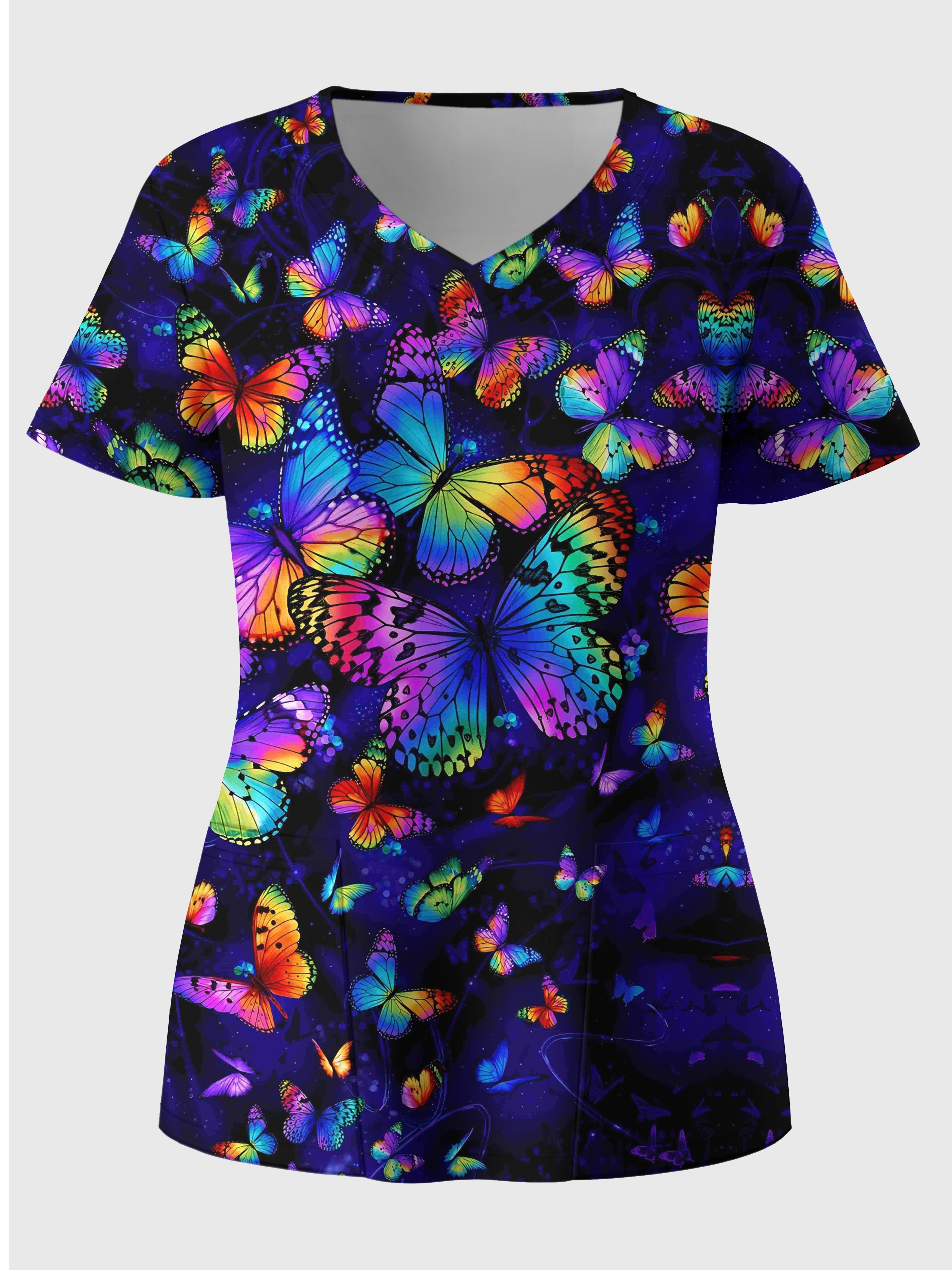 Women's Plus Size Butterfly Print V-Neck Short Sleeve Top with Pockets