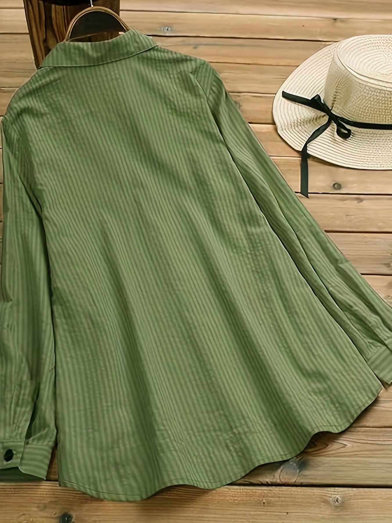 Women's Green Striped Long Sleeve Shirt with Button Detail Casual Chic Polyester