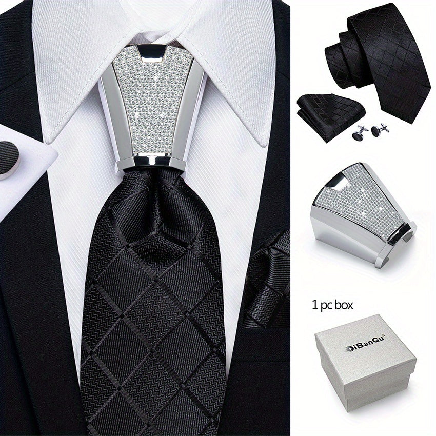 Men's Business Accessory Set with Silver Ring Cufflinks and Handkerchief