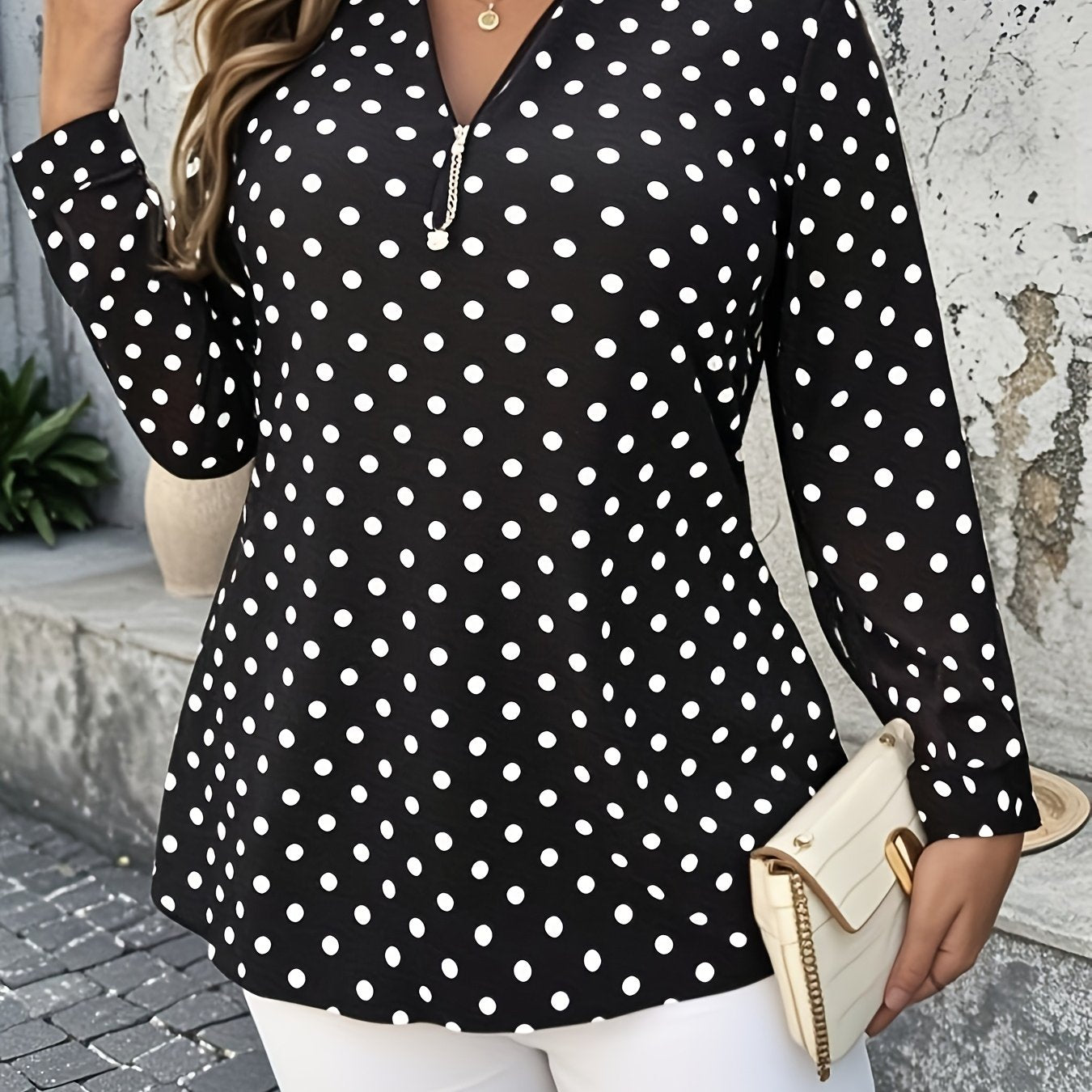Plus Size Women's Polka Dot V-Neck Long Sleeve Blouse Black White Office Wear