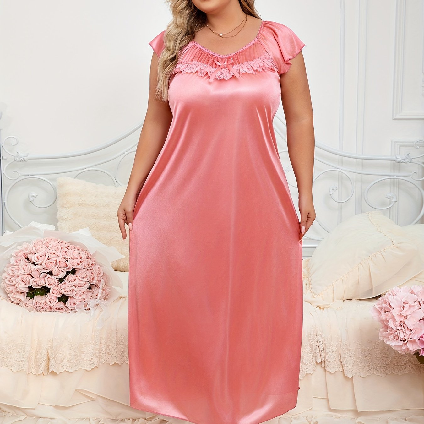 Women's Plus Size Satin Sleep Dress with Lace Bow and Ruffle Sleeves