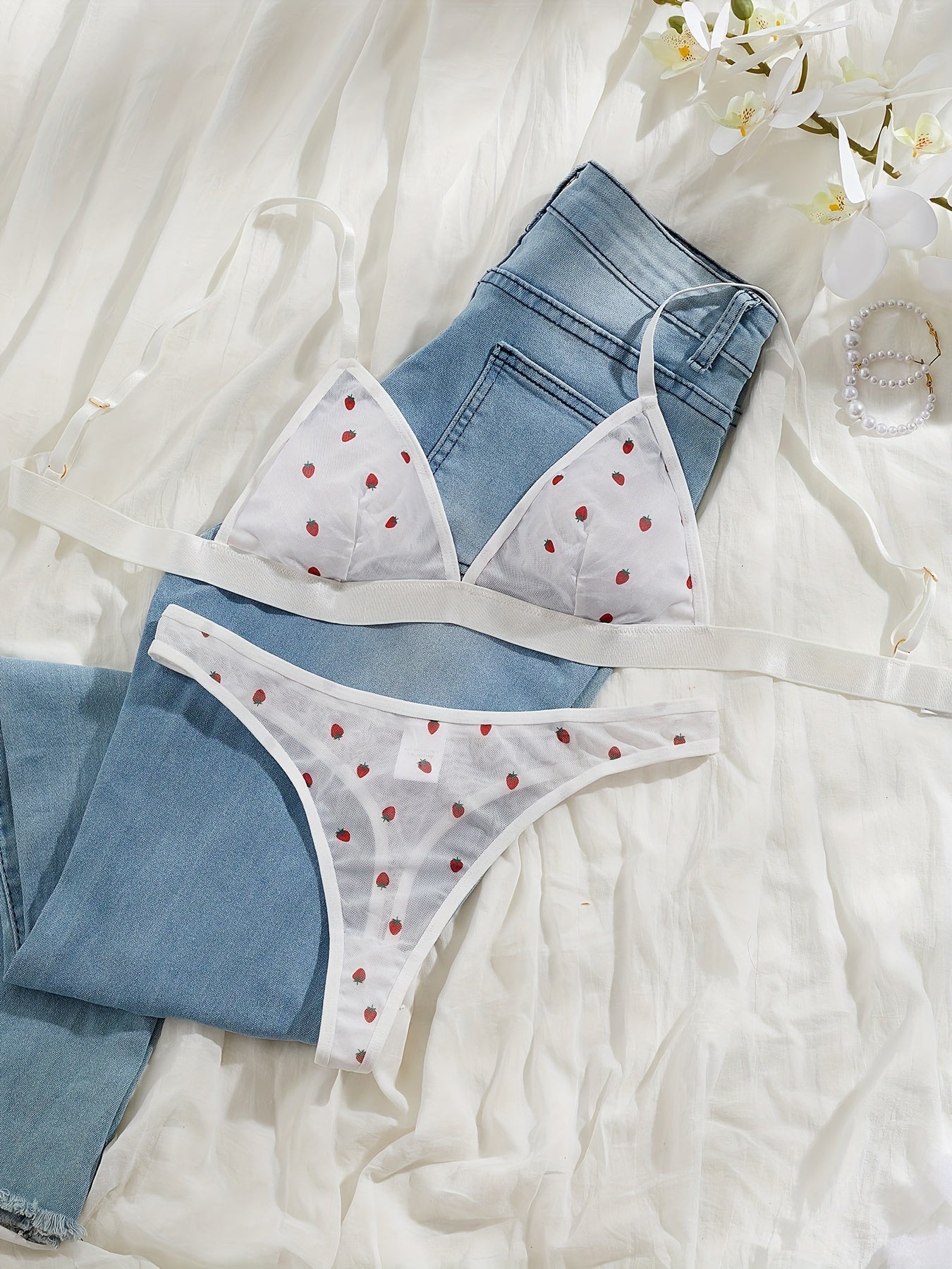 Women's Pink Strawberry Print Semi Sheer Mesh Lingerie Set