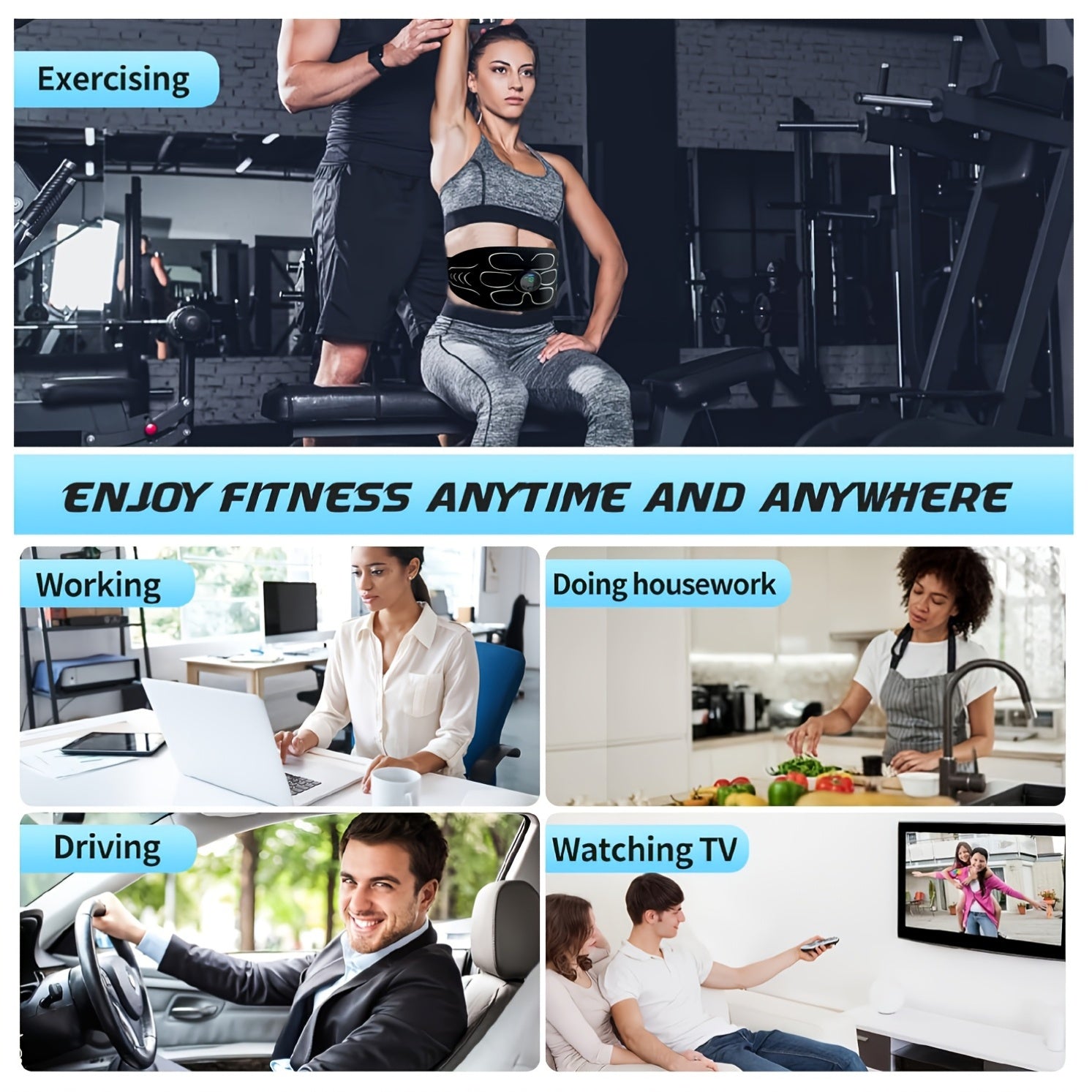 WOFLEND EMS Fitness Bel 3 dona to'plami qorin, qo'l, son mushaklarini bo'shatuvchi va shakllantiruvchi. USB orqali zaryadlanadigan litiy-polimer batareya, fitnes ixlosmandlari uchun ideal sovg'a, portativ dizayn.