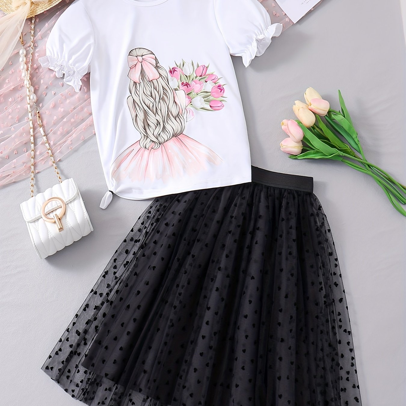 Conjunto de camiseta y falda para niñas con gráfico de dibujos animados para fiestas al aire libre en verano