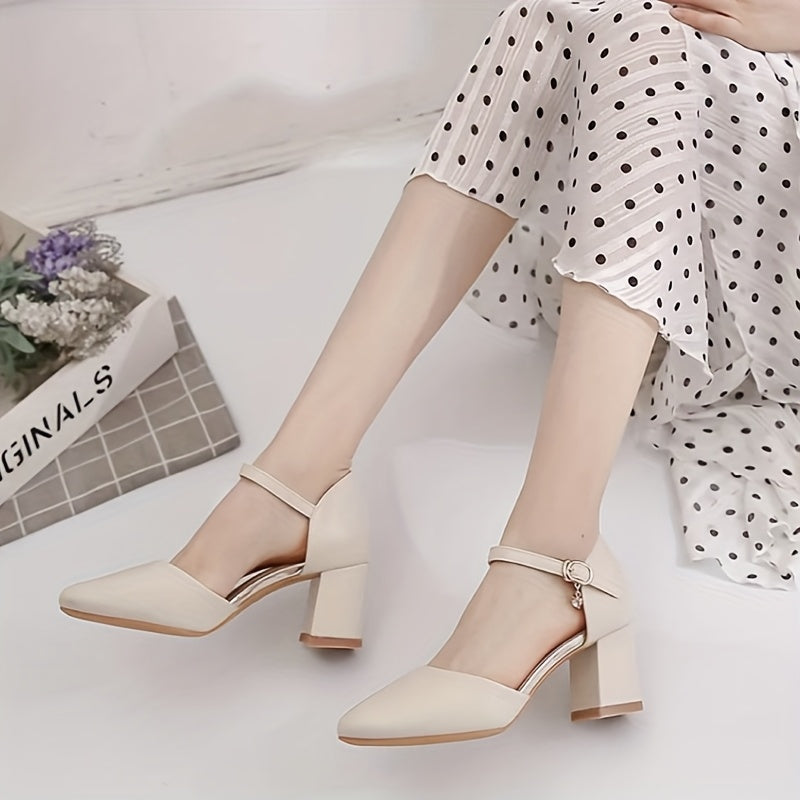 Women's Summer Open-Toe Mid-Heel Sandals with Ankle Strap and Polka Dot Pattern