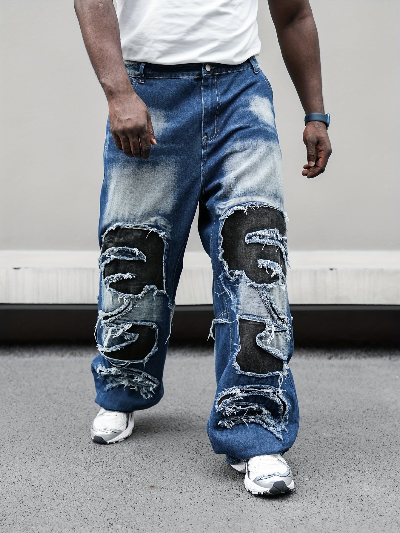 Erkaklar uchun Plus o'lchamdagi to'g'ri oyoqli denim shimlar, geometrik patchwork va yuvilgan to'liq rang