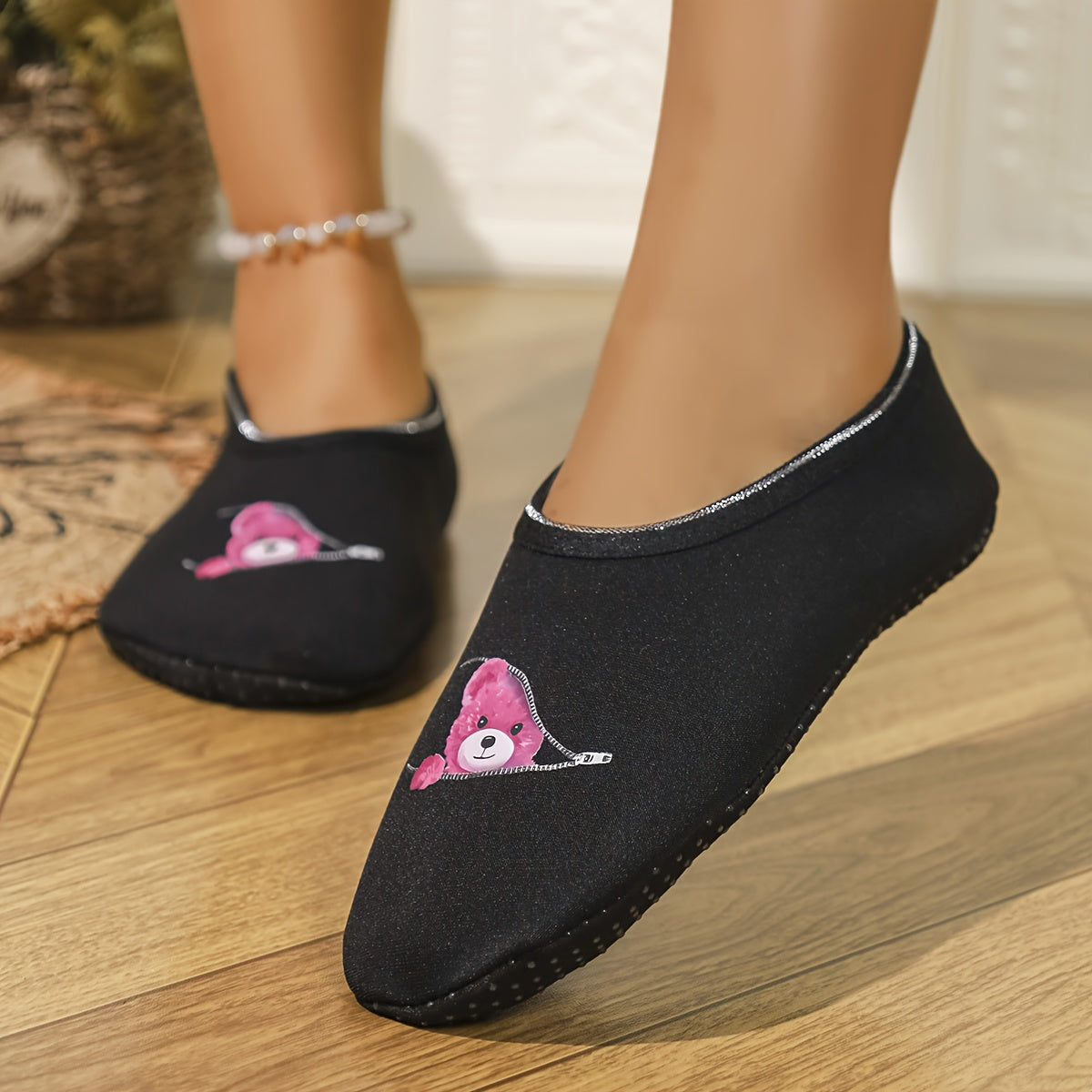 Women's Winter Cotton Zipper Bear Slippers Indoor Cozy House Shoes