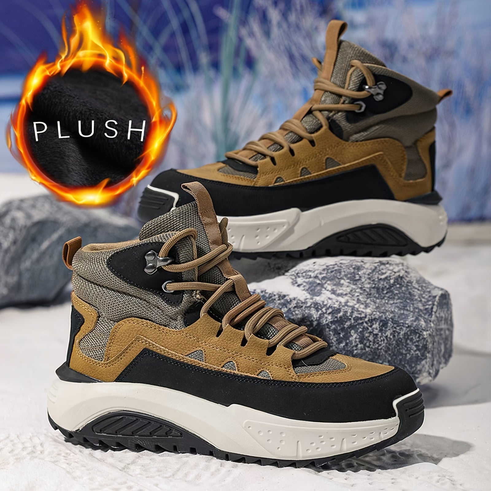 Botas de nieve vintage para hombre con parte superior de imitación, forro de felpa, casuales, de senderismo, impermeables