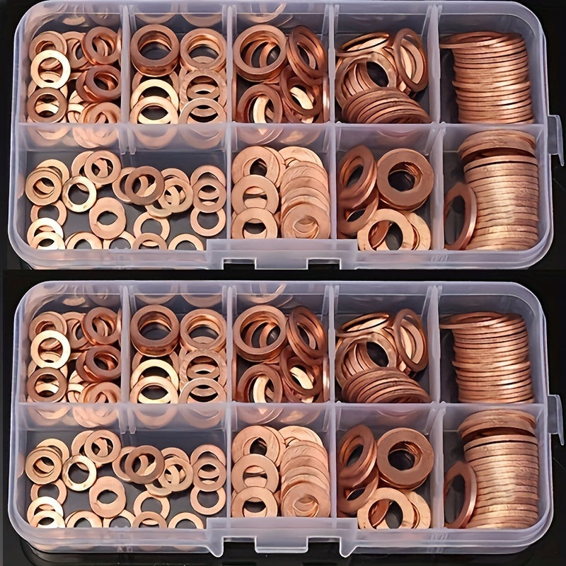 200pcs Copper Washer Gasket Set Assorted Flat Ring Seal Kit for Auto Repairs