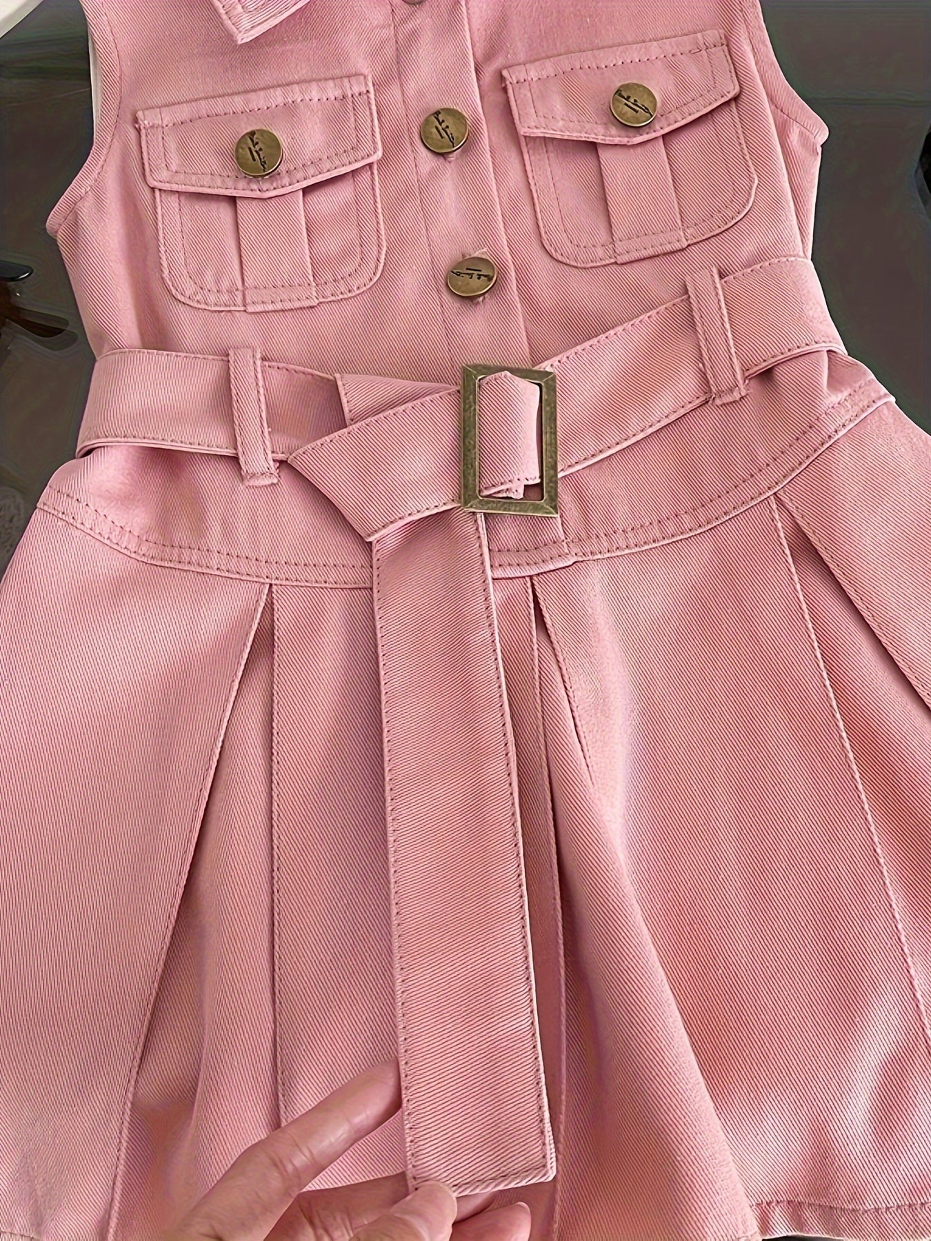 Girls Summer Denim Skirt Knee Length Sleeveless Waist-Cinched Collar Casual Non-Stretch