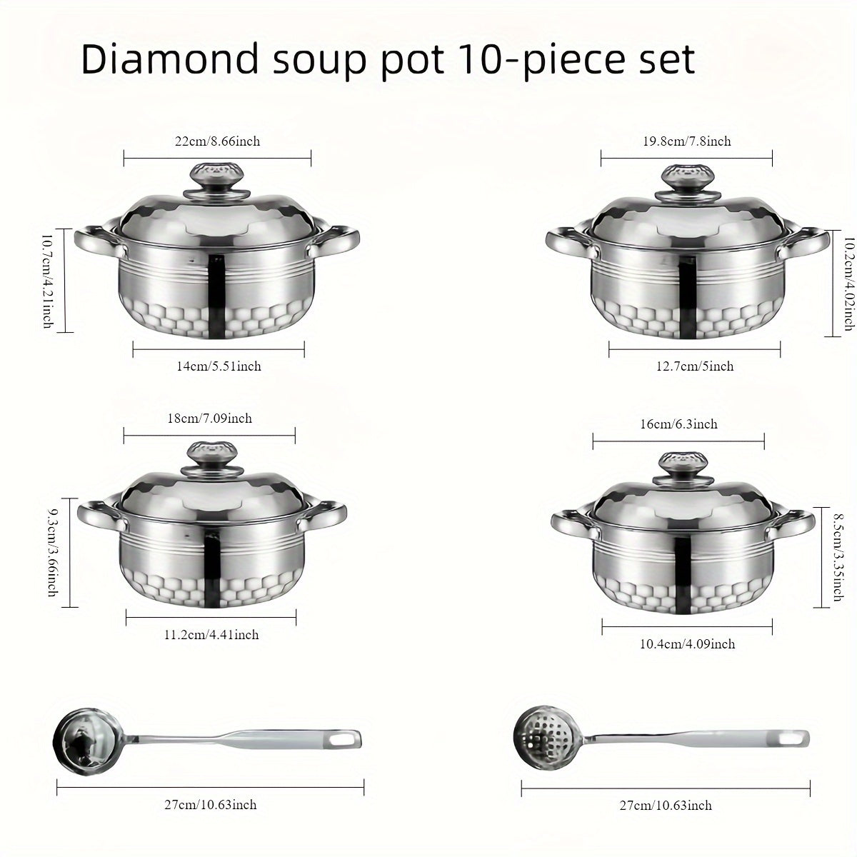 Set of 10 Stainless Steel Cookware Pots with Lids and Spoons for Soup Noodles Seafood