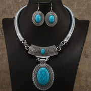 Boho Style Jewelry Set with Gemstone Inlays and Retro Carving Earrings Necklace for Daily or Party Wear