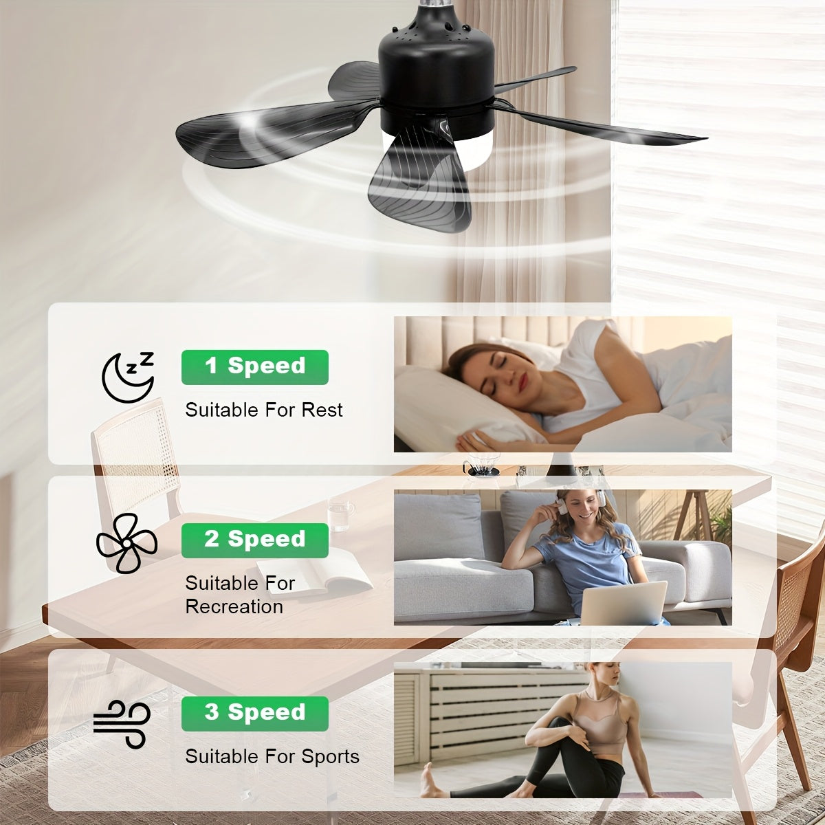 Black LED Ceiling Fan Light with 5 Blades, E26/E27 Socket, Adjustable Speed