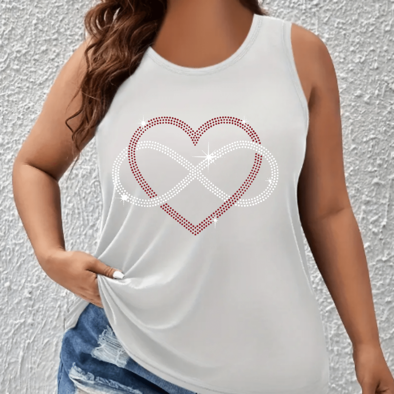 Women Plus Size Off-Shoulder Vest Top with Red Sequin Heart Casual Sleeveless Shirt