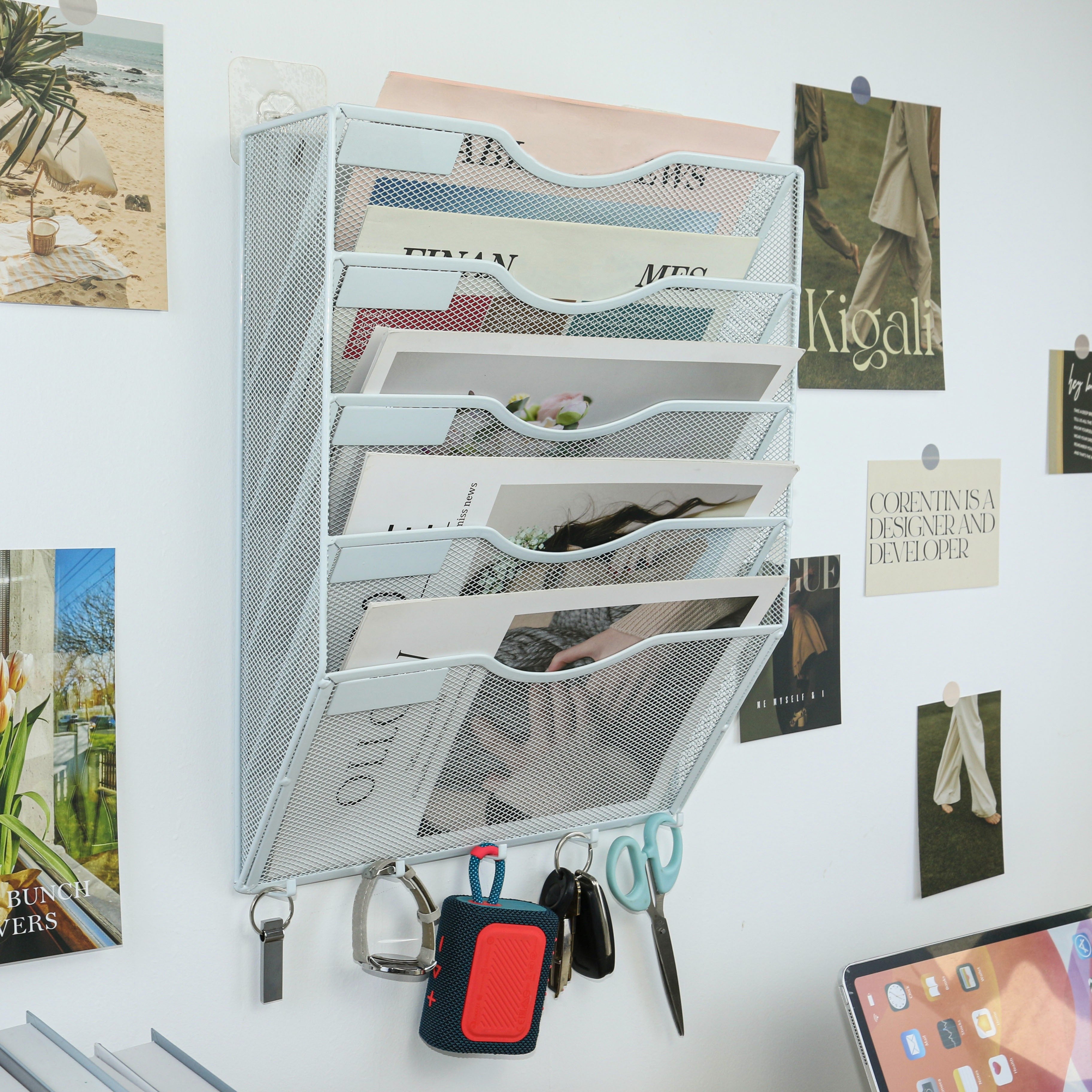 Organizador de archivos de pared con ganchos para llaves, azul claro, hierro, ahorra espacio, carpeta vertical colgante