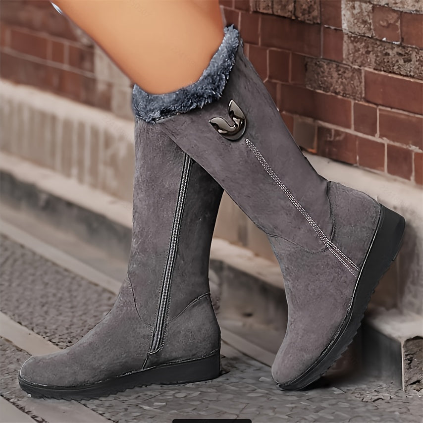 Women's Fleece-Lined Mid-Calf Winter Ankle Boots Flat Sole