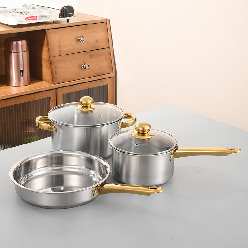 Stainless Steel Cookware Set 4/6 Pieces with Golden Handles Pots and Pans for All Stovetops