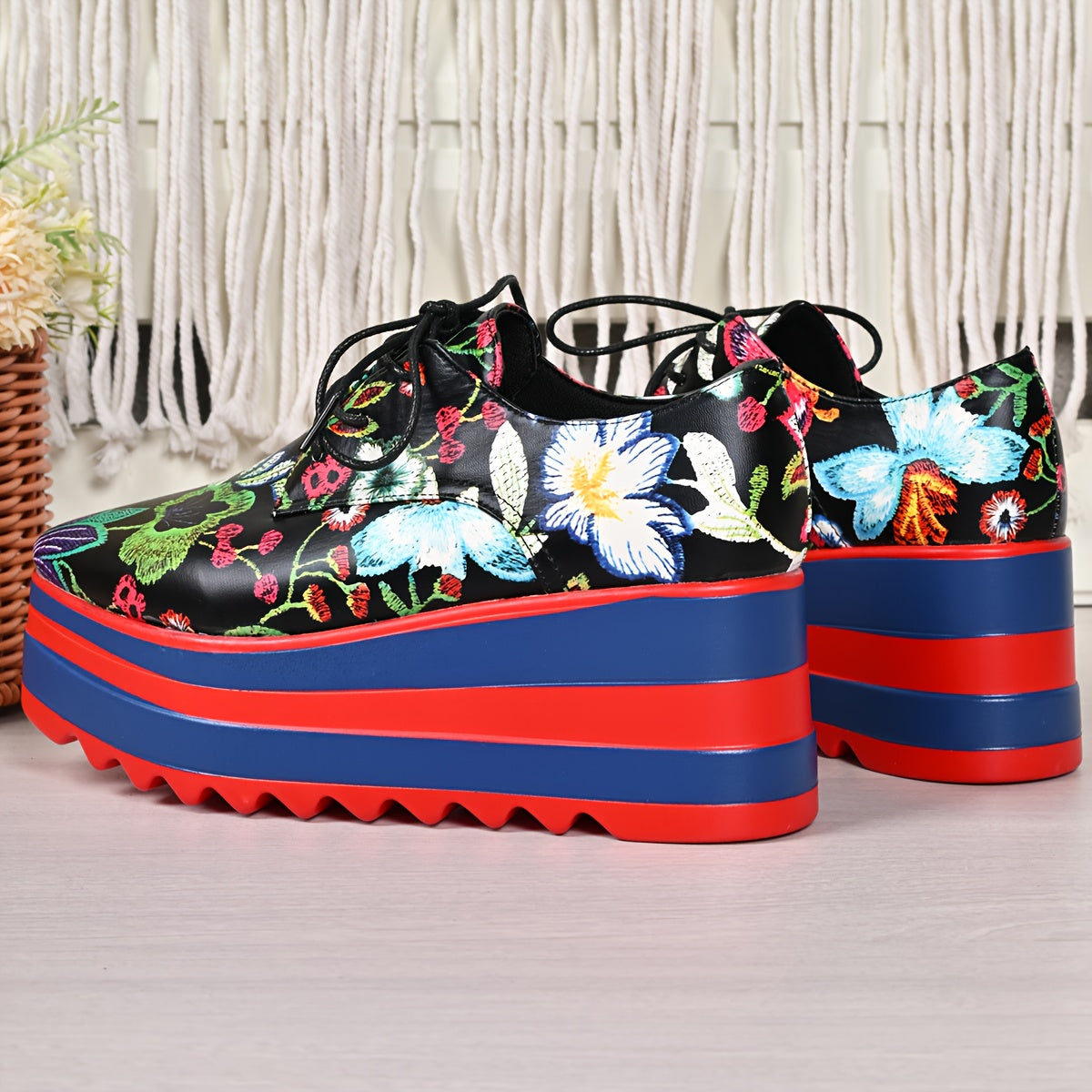 Women's Floral Lace-Up Shoes Synthetic Cover Thick Platform Sole All-Season Comfortable