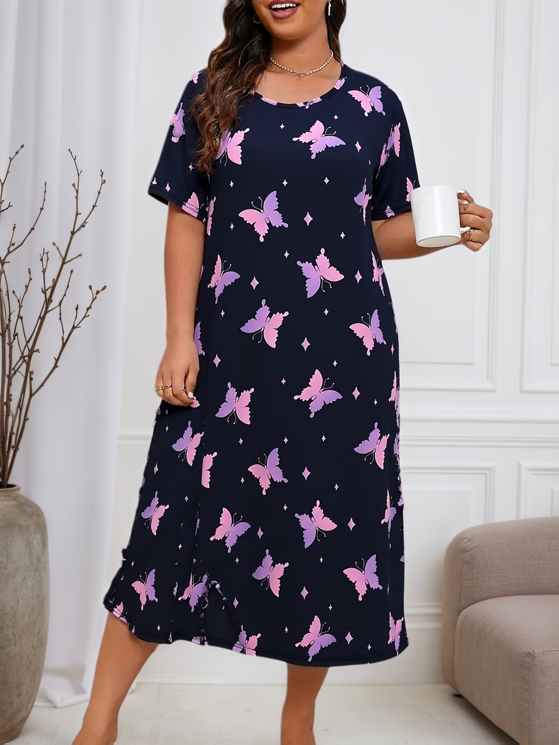 Женская пижама ночная с принтом бабочек, полиэстер, короткий рукав, для всех сезонов