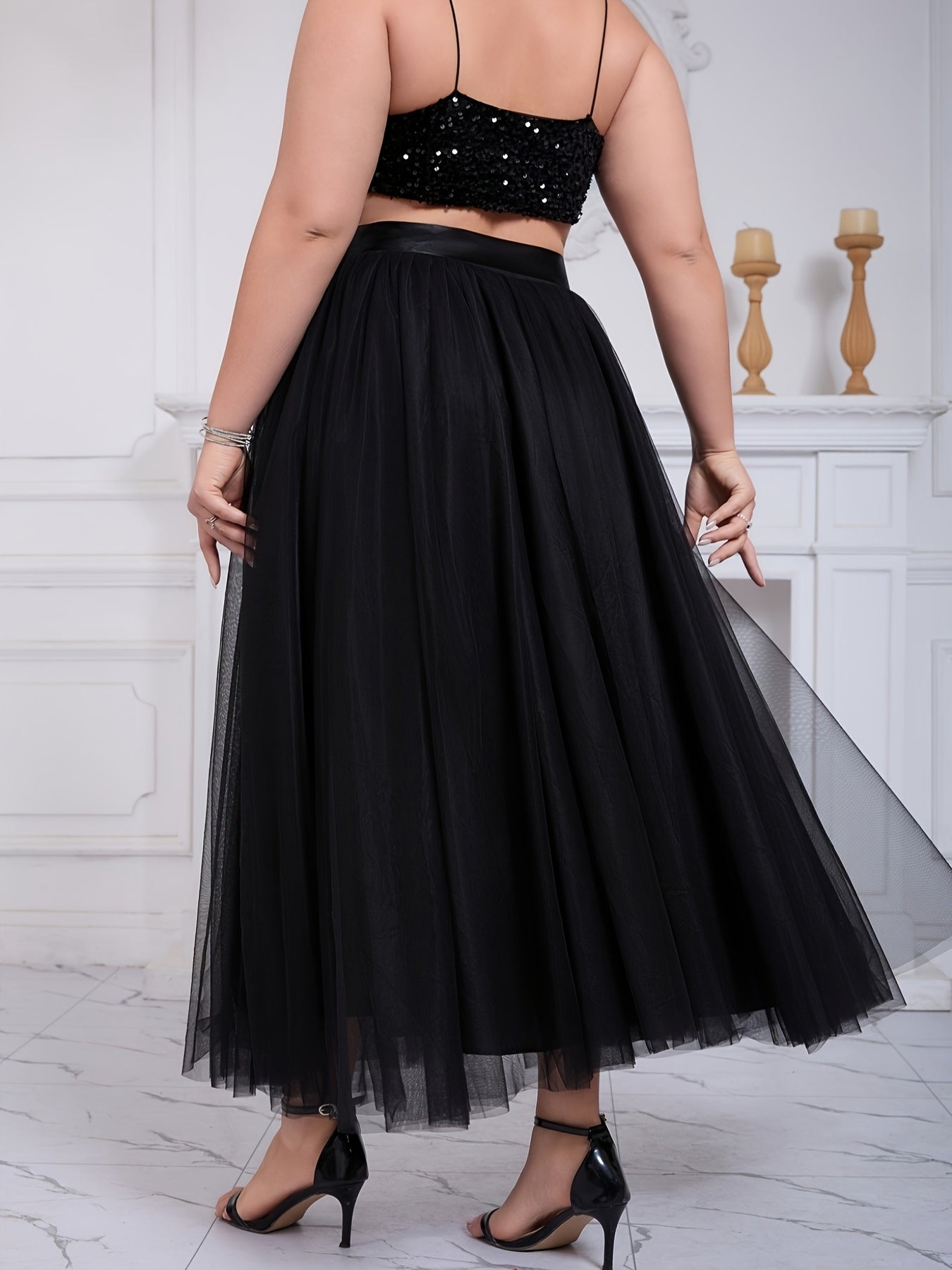 Plus Size Women's Elegant Black Tulle A-Line Skirt With Slit for Formal Wear