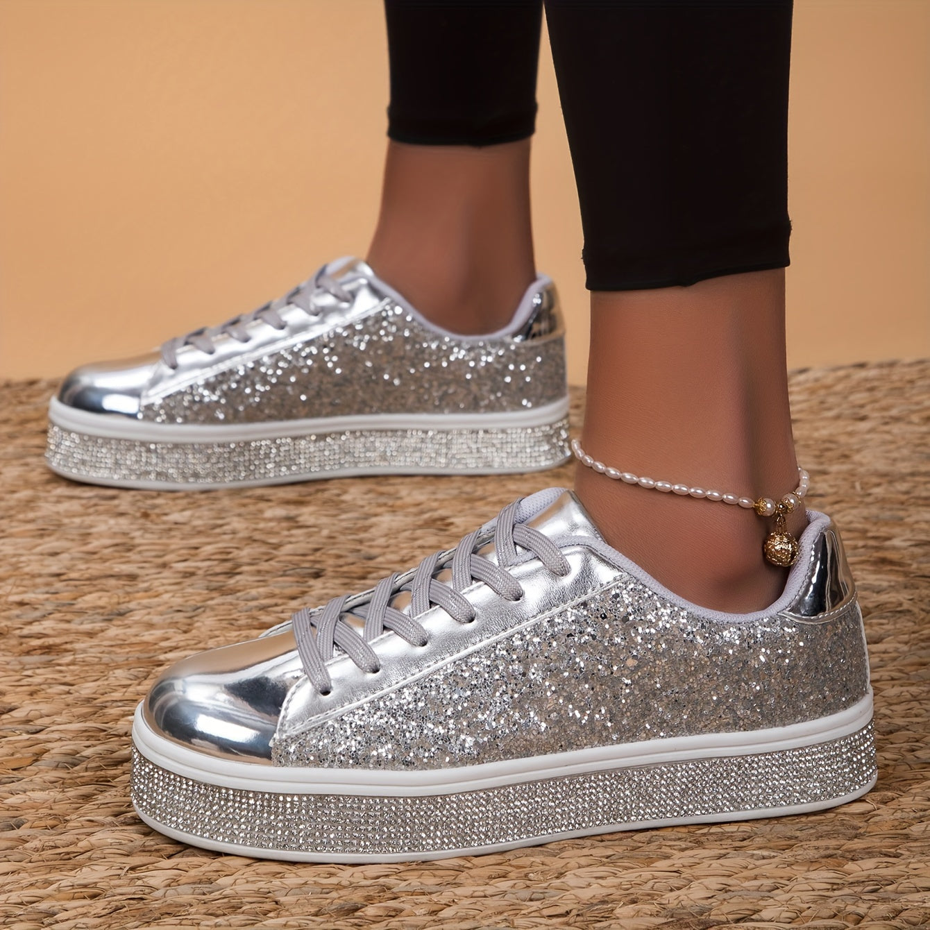 Women's Glitter Skate Shoes Casual Lace-Up Low Top Sneakers