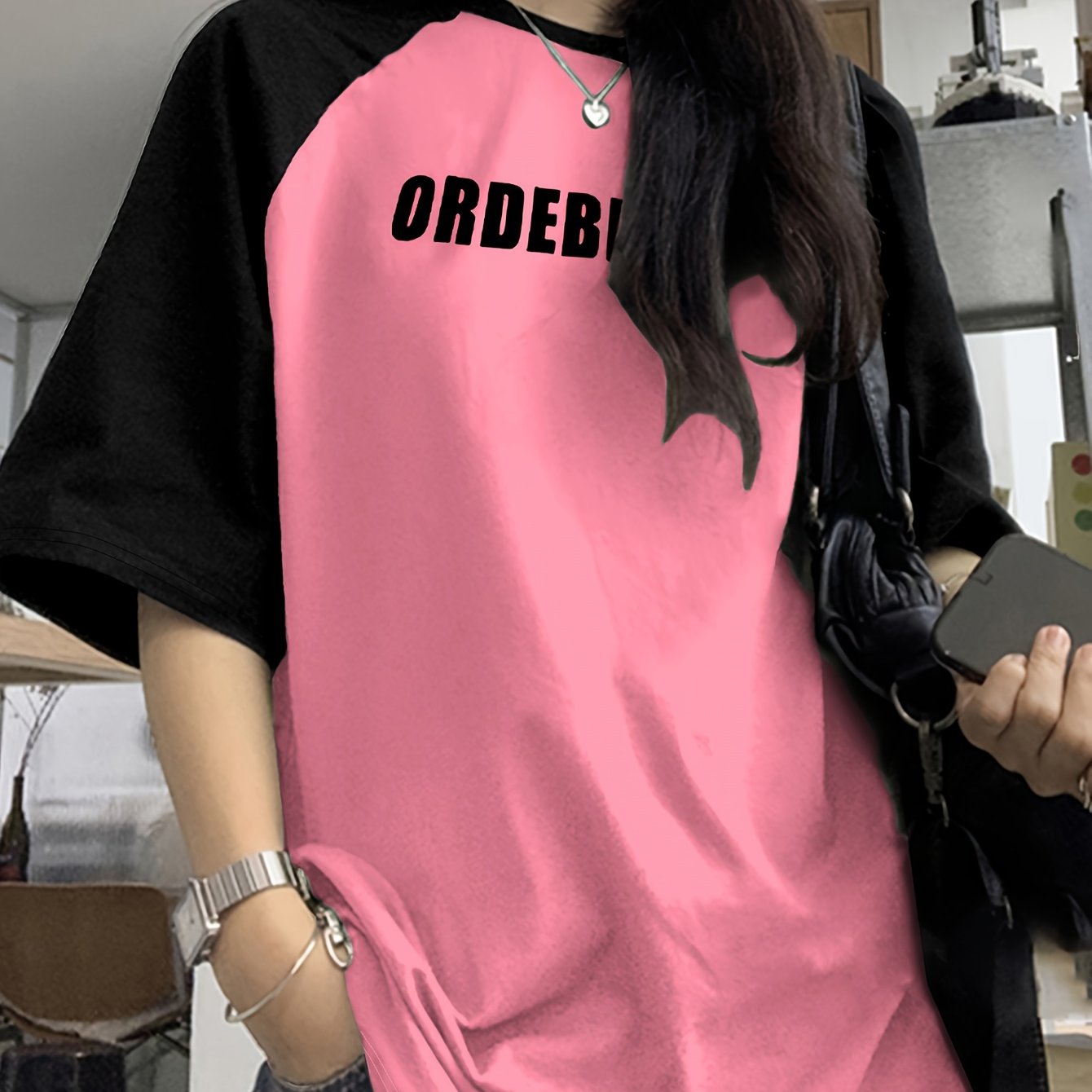 Women's Casual Raglan Sleeve Color Block T-Shirt with Letter Print for Spring Summer
