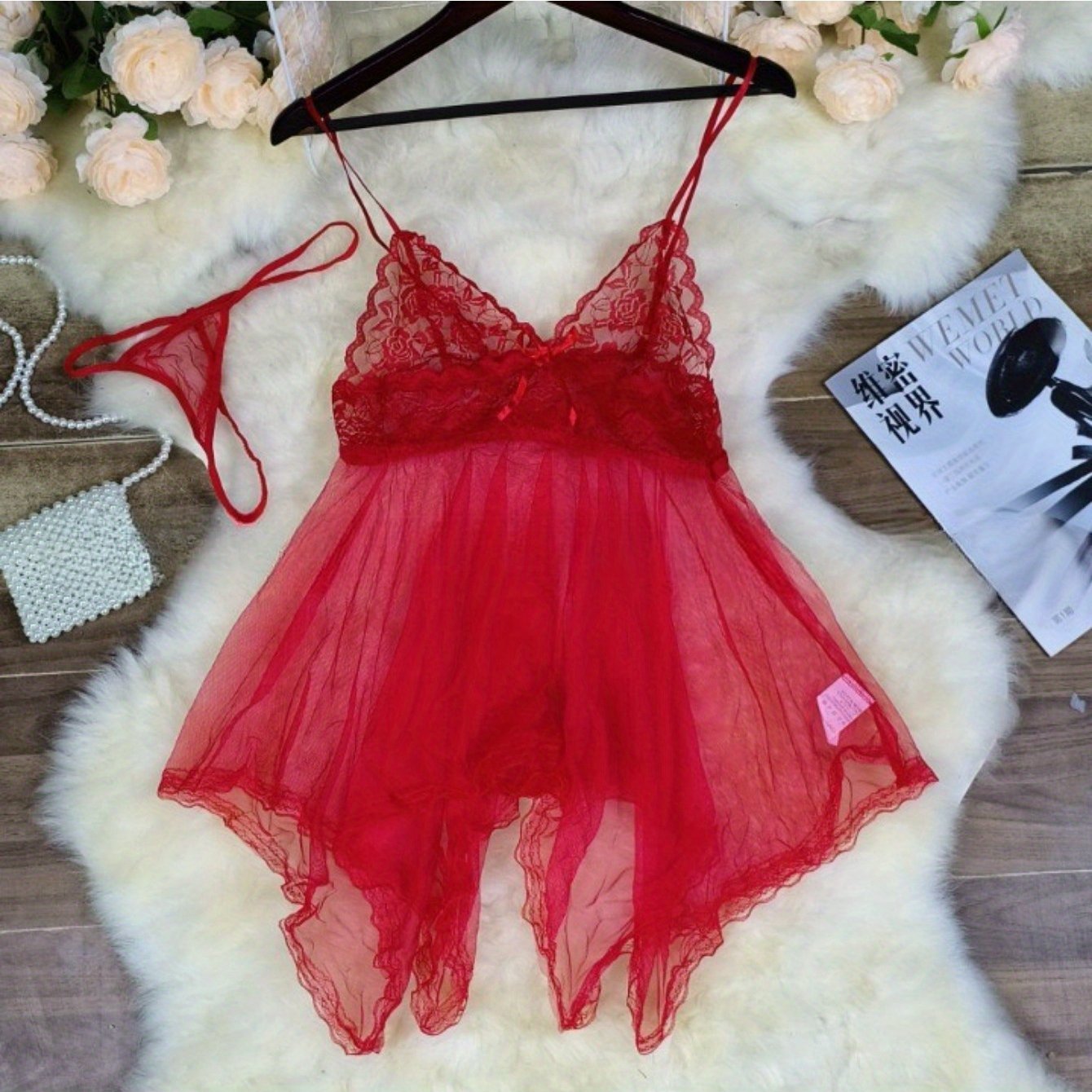 Deep V Sheer Lace Velvet Nightgown with T-Pants for Women