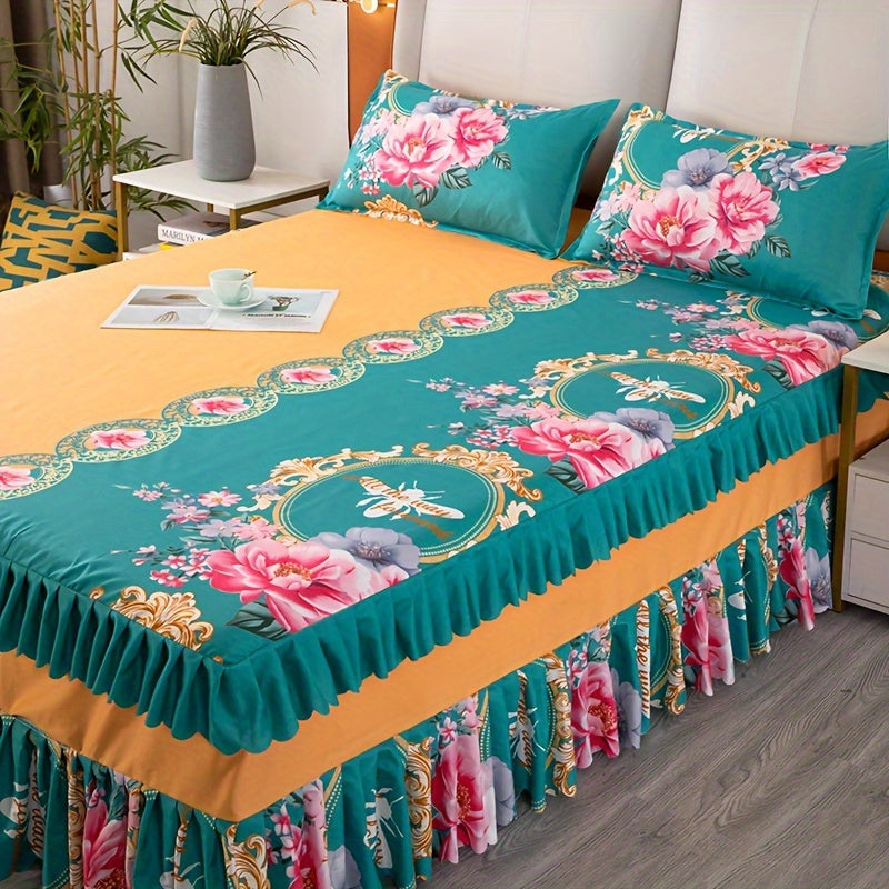 Traditional Chinese Peony Floral Bed Skirt with Lucky Bee Accents 100% Polyester