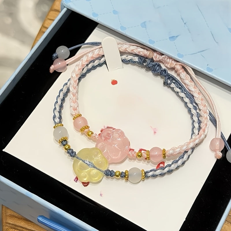 Set of 2 Handwoven Cat and Star Couple Bracelets Resin Charms Minimalist Valentine's Day Anniversary Gift