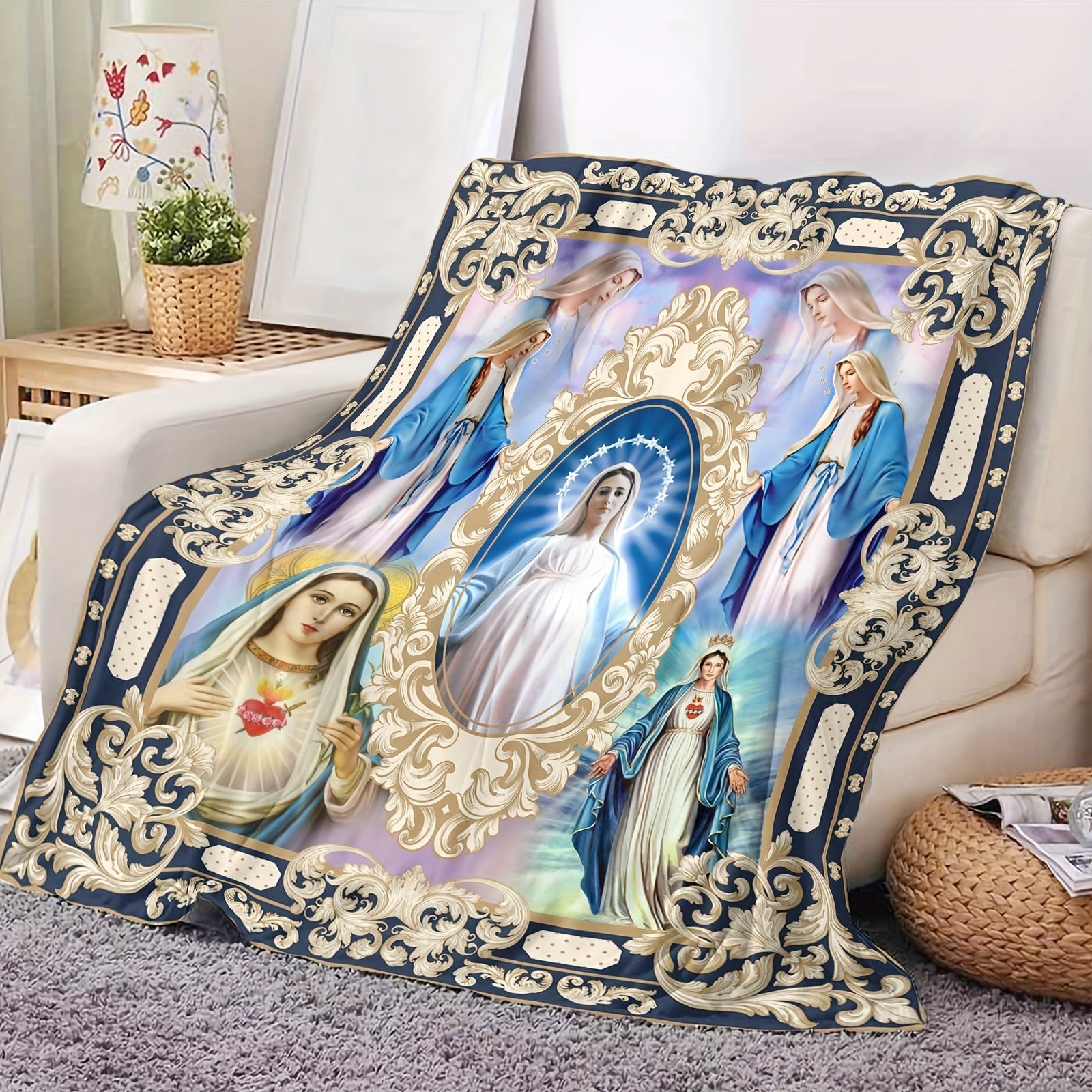 Religious Blanket Virgin Mary Flannel Fleece Throw for Christians and Catholics