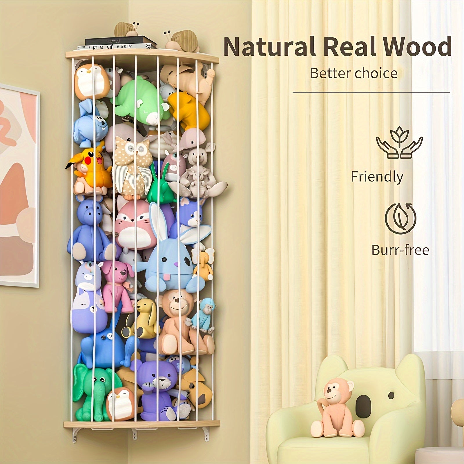 Organizador de almacenamiento para juguetes colgante de madera para guardería y sala de juegos, cesta ajustable para animales de peluche